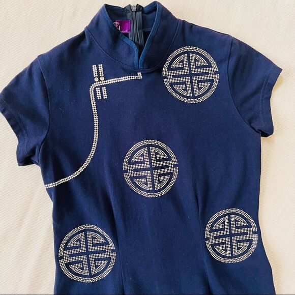 Womens Dress Short Shortsleeve High Neck Navy Asian Sparkly Party Fashion Small - Picture 3 of 4